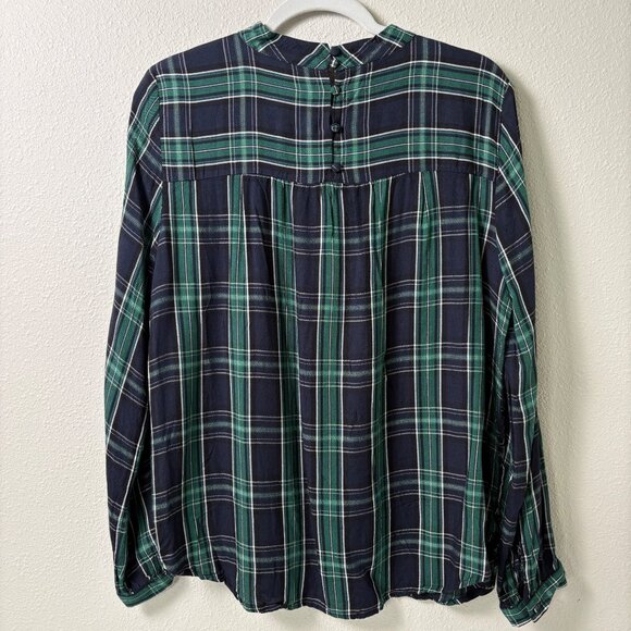 Loft Top Womens Size M Blue Green Plaid Long Sleeve Mock Neck Academia Preppy - Picture 3 of 10